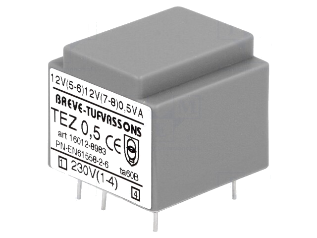 Transformator: ingegoten; 0,5VA; 230VAC; 12V; 12V; 20,8mA; 20,8mA Transformator: ingegoten; 0,5VA; 230VAC; 12V; 12V; 20,8mA; 20,8mA